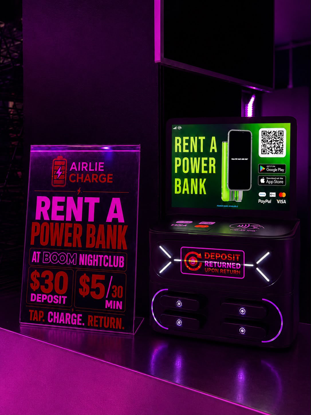 Airlie Charge power bank rental station installed at BOOM Nightclub in Airlie Beach